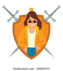 Vector yellow frame as shield with crossed swords. Cartoon image of a modern prince. Man with bright brown hair. Man in sunglasses, yellow jacket and gold crown. Frame with prince on white background.