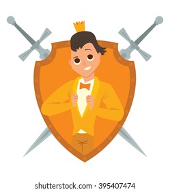 Vector yellow frame as shield with crossed swords. Cartoon image of a modern prince. Man with black hair. Man in a yellow tuxedo, bow tie and gold crown. Frame with cartoon prince on white background.