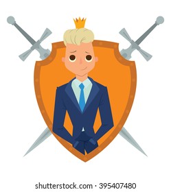 Vector yellow frame as shield with crossed swords. Cartoon image of a modern prince. Man with a blonde hair. Man in a blue suit, tie and gold crown. Frame with cartoon prince on a white background.
