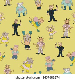 Vector yellow fun anthropomorph cartoon characters seamless pattern background