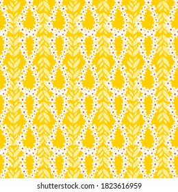 Flores de margarita divertidas de color amarillo vectorial vertical de repetición de bucle infinito con centro anaranjado y hojas colgantes. Adecuado para textiles, envolvimiento de regalo y papel pintado.