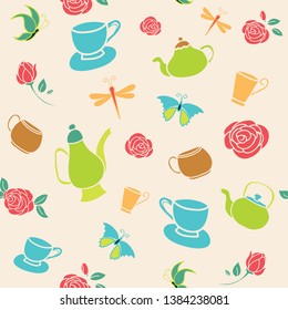 Vector yellow garden tea party seamless pattern background. Perfect for wallpaper, scrapbooking, and fabric projects.