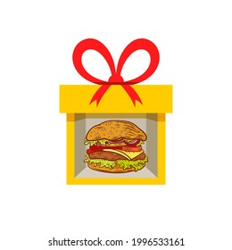 Vector yellow gift box with burger in it isolated on white background, bright colors.