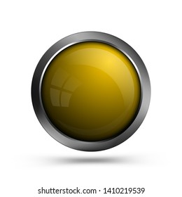 Vector yellow glass round button with metal frame. Button for web design, interface design, apps and games.