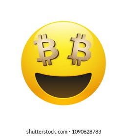 Emoticono de carita brillante amarillo vectorial con ojos de signo de bitcoin dorado y boca sobre fondo blanco. Divertido dibujo animado Icono Emoji. Ilustración 3D para chat o mensaje.