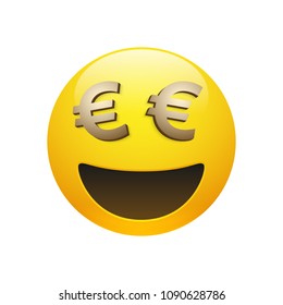 Vector yellow glossy smiley emoticon with golden euro sign eyes and mouth on white background. Funny cartoon Emoji icon. 3D illustration for chat or message.