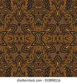 vector yellow gold colored hand drawn abstract psychedelic zentangle seamless pattern illustration  