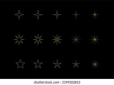Vektorgelbe, goldene, orangefarbene, funkelnde Symbolumrandung einzeln auf schwarzem Hintergrund. Set von originalen Vektorfunkelsternikonen. Helles Feuerwerk, fesselnde Dekorationen, funkelnde Blitze. Vektorset