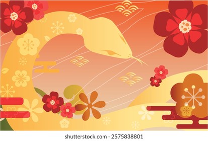 vector yellow gold snake hissing tongue texture flower silhouette red white gradation background and chinese new year ornaments flowers