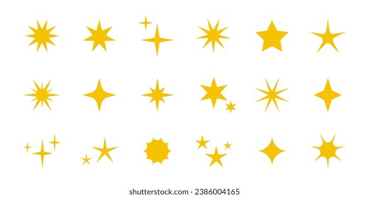 Las estrellas amarillas y doradas del vector brillan con iconos. Colección de signos de estrella amarilla. Decoración de brillo y brillo. Estrellas claras doradas y ráfagas aisladas en blanco.