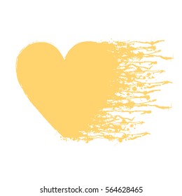 Vector yellow graphic grunge illustration of heart sign with ink blot, brush strokes, drops isolated on the white background. Series of artistic illustration with splash, blots and brush strokes