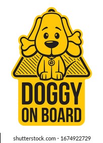 Vector yellow graphic. Sticker triangle with little dog with bone in mouth and text Doggy on board. Isolated white background.