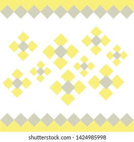 Vector yellow and gray abstract flower pattern with gray parallel rhombus and yellow line border