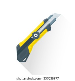 vector yellow gray color flat design stationary construction knife illustration isolated white background long shadow
