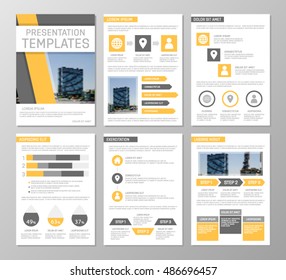 Vector yellow and gray template for multipurpose presentation slides with graphs and charts. Design elements, chart, graph, brochures