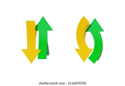 Vector Yellow and Green 3D Arrows, Straight and Curve Arrows Set, Recycling Sign, Colourful Directional Symbols.