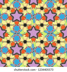 Vector yellow, green and blue texture, motley lines and grids seamless pattern, curved metal, foil background with 3D visual effects.