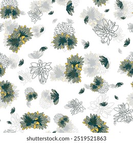 Vector yellow and green lily on white ba seamless repeating pattern background design. Perfect for textile, fabric, quilting, scrapbooking, wrapping paper and wallpaper projects.
