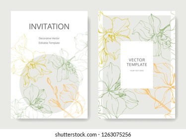 Vector Yellow, green and orange Orchid flower. Engraved ink art. Wedding background card floral decorative border. Thank you, rsvp, invitation elegant card illustration graphic set banner.