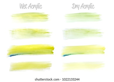 Vector yellow and green paint smear stroke stain set. Abstract gold glittering textured art illustration. Acrilyc Texture Paint Stain Illustration. Hand drawn brush strokes vector elements. Acrilyc.