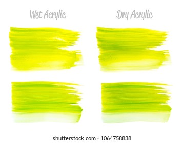 Vector yellow and green paint smear stroke stain set. Abstract acrylic textured art illustration. Acrilyc Texture Paint Stain Illustration. Hand drawn brush strokes vector elements. Acrilyc strokes.