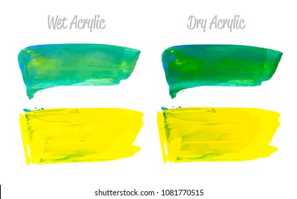 Vector yellow and green paint smear stroke stain set. Abstract acrylic textured art illustration. Acrilyc Texture Paint Stain Illustration. Hand drawn brush strokes vector elements. Acrilyc strokes.