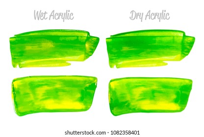 Vector yellow and green paint smear stroke stain set. Abstract acrylic textured art illustration. Acrilyc Texture Paint Stain Illustration. Hand drawn brush strokes vector elements. Acrilyc strokes.