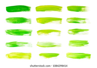 Vector yellow and green paint smear stroke stain set. Abstract acrylic textured art illustration. Acrilyc Texture Paint Stain Illustration. Hand drawn brush strokes vector elements. Acrilyc strokes.