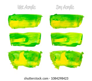 Vector yellow and green paint smear stroke stain set. Abstract acrylic textured art illustration. Acrilyc Texture Paint Stain Illustration. Hand drawn brush strokes vector elements. Acrilyc strokes.