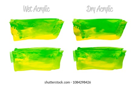 Vector yellow and green paint smear stroke stain set. Abstract acrylic textured art illustration. Acrilyc Texture Paint Stain Illustration. Hand drawn brush strokes vector elements. Acrilyc strokes.
