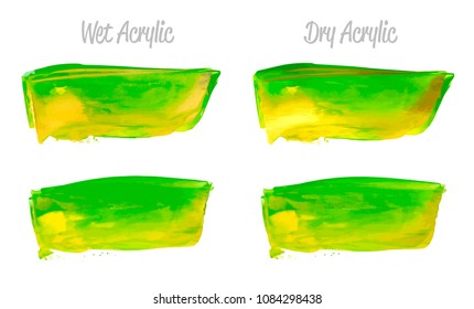 Vector yellow and green paint smear stroke stain set. Abstract acrylic textured art illustration. Acrilyc Texture Paint Stain Illustration. Hand drawn brush strokes vector elements. Acrilyc strokes.