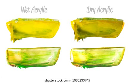 Vector yellow and green paint smear stroke stain set. Abstract acrylic textured art illustration. Acrilyc Texture Paint Stain Illustration. Hand drawn brush strokes vector elements. Acrilyc strokes.