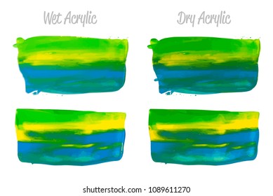 Vector yellow and green paint smear stroke stain set. Abstract acrylic textured art illustration. Acrilyc Texture Paint Stain Illustration. Hand drawn brush strokes vector elements. Acrilyc strokes.