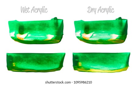 Vector yellow and green paint smear stroke stain set. Abstract acrylic textured art illustration. Acrilyc Texture Paint Stain Illustration. Hand drawn brush strokes vector elements. Acrilyc strokes.