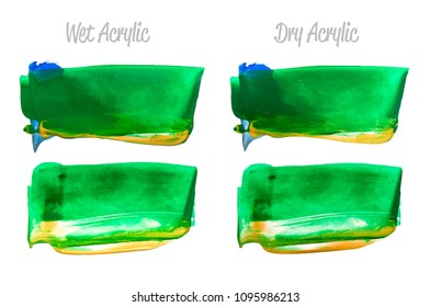 Vector yellow and green paint smear stroke stain set. Abstract acrylic textured art illustration. Acrilyc Texture Paint Stain Illustration. Hand drawn brush strokes vector elements. Acrilyc strokes.