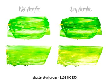 Vector yellow and green paint smear stroke stain set. Abstract acrylic textured art illustration. Acrilyc Texture Paint Stain Illustration. Hand drawn brush strokes vector elements. Acrilyc strokes.