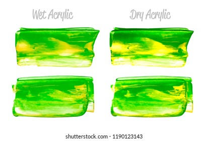Vector yellow and green paint smear stroke stain set. Abstract acrylic textured art illustration. Acrilyc Texture Paint Stain Illustration. Hand drawn brush strokes vector elements. Acrilyc strokes.