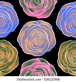 Vector yellow, green and pink rose flowers seamless pattern.