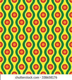 Vector Yellow, Green, Red and Orange Seamless Pattern Background. Geometric 70s-80s design. Abstract pattern for wallpaper, website template, fabric print, textile, paper, spring-summer fashion