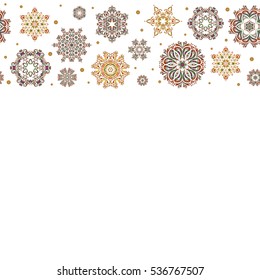 Vector yellow and green snowflakes on white background. Abstract minimal seamless pattern background with copy space (place for your text).