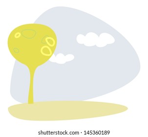 Vector yellow green tree on the hill at blue sky spring or summer day. Idyllic eco landscape, park or scene with white clouds - flat, modern illustration isolated on white background.