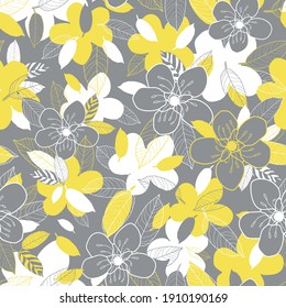 Vector yellow grey flowers leaves seamless pattern