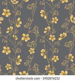 Vector yellow grey flowers trees seamless pattern