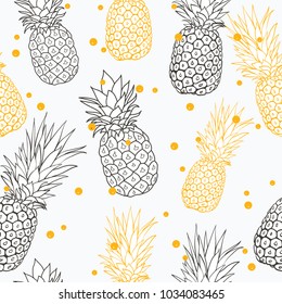 Vector yellow grey pineapple polka dot summer tropical seamless pattern background. Great as a textile print, party invitation or packaging.