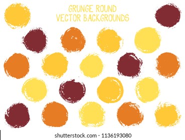 Vector yellow grunge circles isolated. Distressed post stamp texture circle scratched label backgrounds. Circular icon, logo shape, oval button elements. Grunge round shape banner backgrounds set.