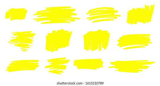 Vector yellow grungy highlight hand drawn marker strokes and highlight frame backgrounds isolated on white. Universal creative contemporary design elements. EPS10 vector illustration