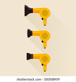 vector yellow hairdryer, blow dryer / with diffuser nozzle, collection chamber / hair drying symbol, icon