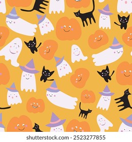 Vector Yellow Halloween Ghosts and Cats Repeat Pattern