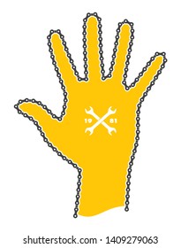 Vector yellow hand created from bike chain. Isolated on white background. Stop gesture.