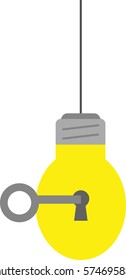 Vector yellow hanging light bulb with keyhole and grey key.